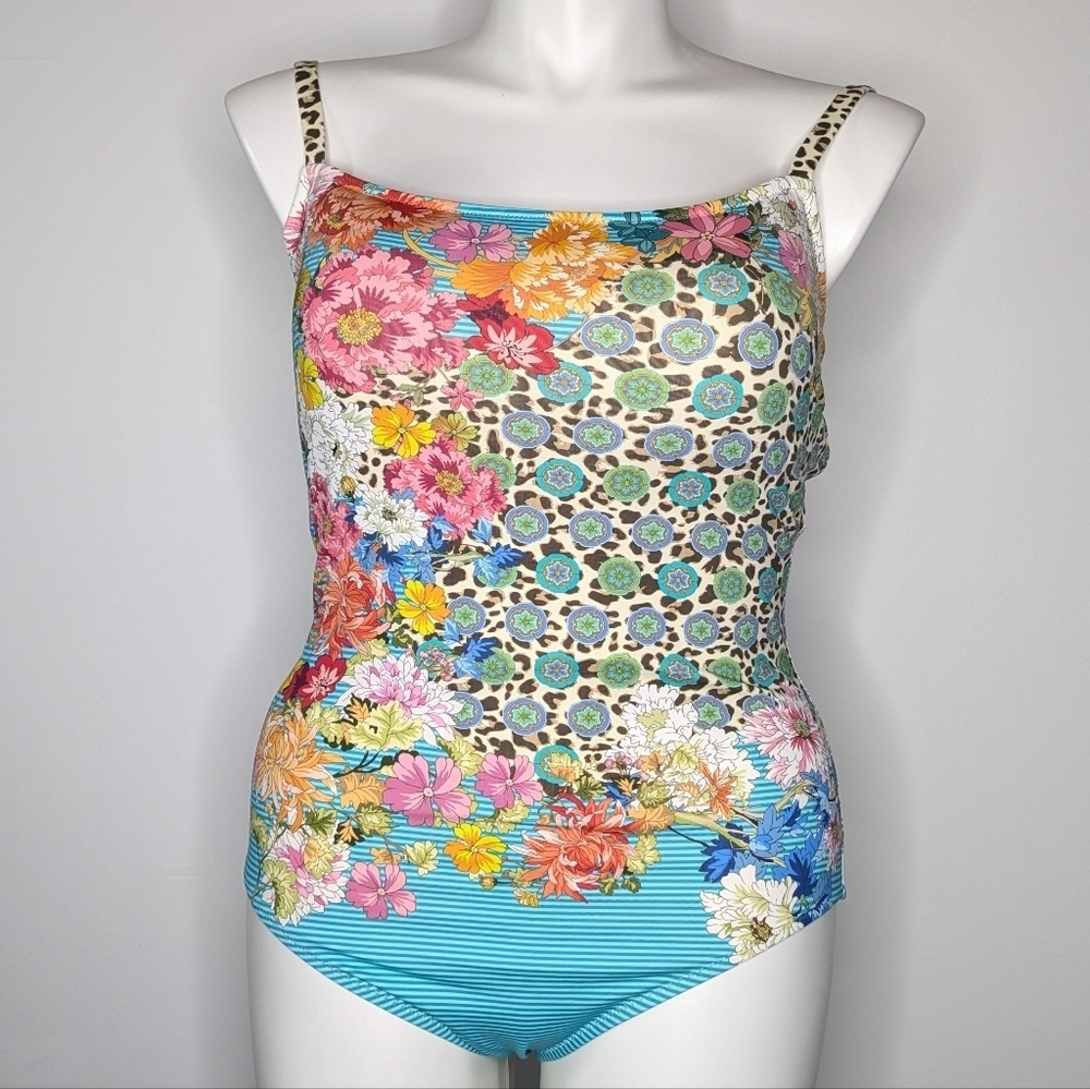 Johnny Was Colorfully Floral Leopard Cheetah Mixed Print One Piece Swimsuit 3X